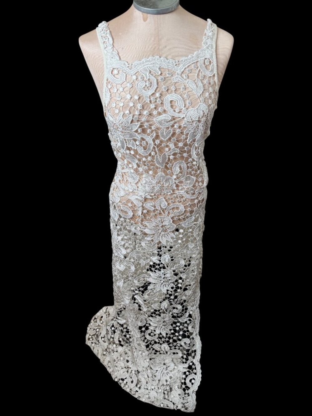 Vtg Sheer Crochet White Floral Lace Maxi Dress Edwardian S Coquette  bridal boho